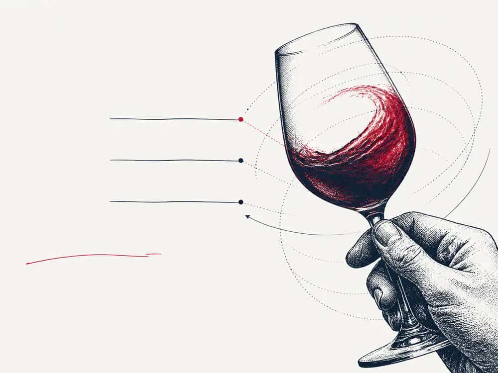 A printed hand swirling a wine glass with aroma notes